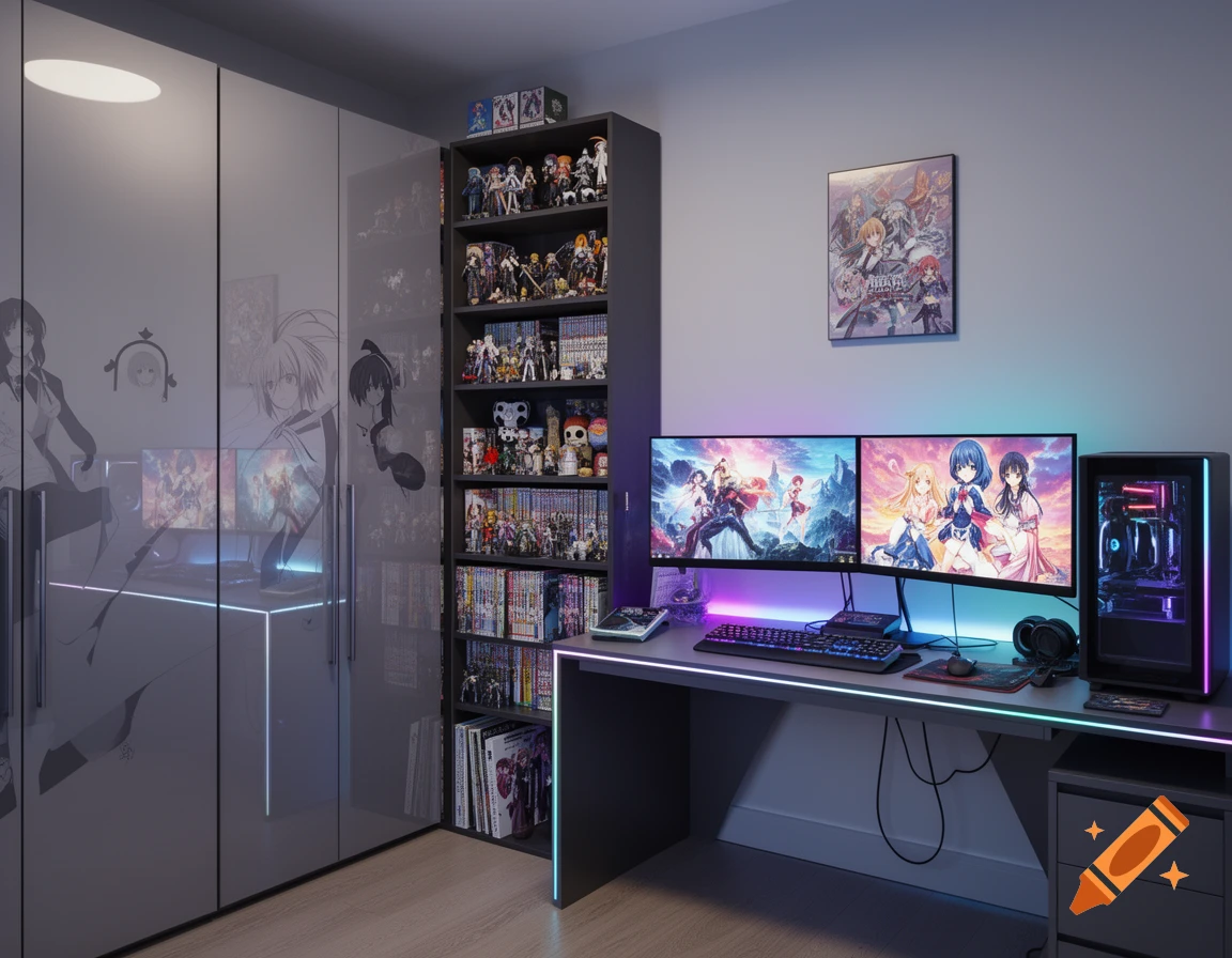 A modern anime-themed gaming room with a large desk, dual monitors displaying anime, a PC, a tall shelf filled with anime figurines and manga, and a wardrobe with anime character decals.