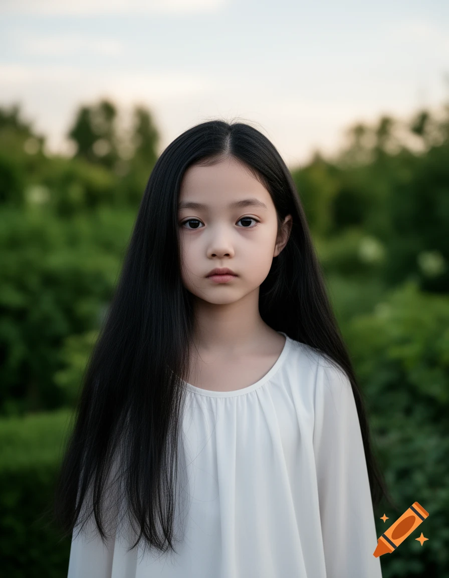 A young Asian girl with long black hair and a white dress looks forward, with a blurred green outdoor background.