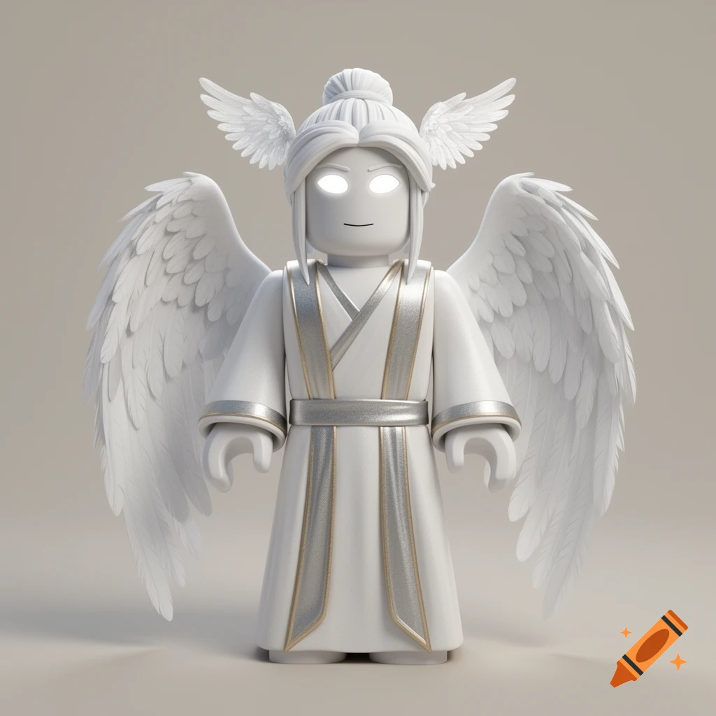 A white and silver angelic Roblox R6 style character with large feathered wings, glowing eyes, a bun, and elegant robes, rendered in 3D.