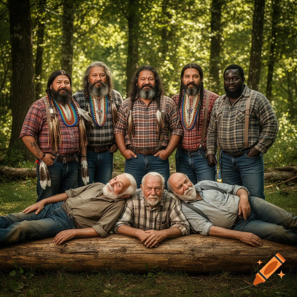 A diverse group of men in plaid shirts and jeans in a forest, six standing and three older men with beards lying on a log.