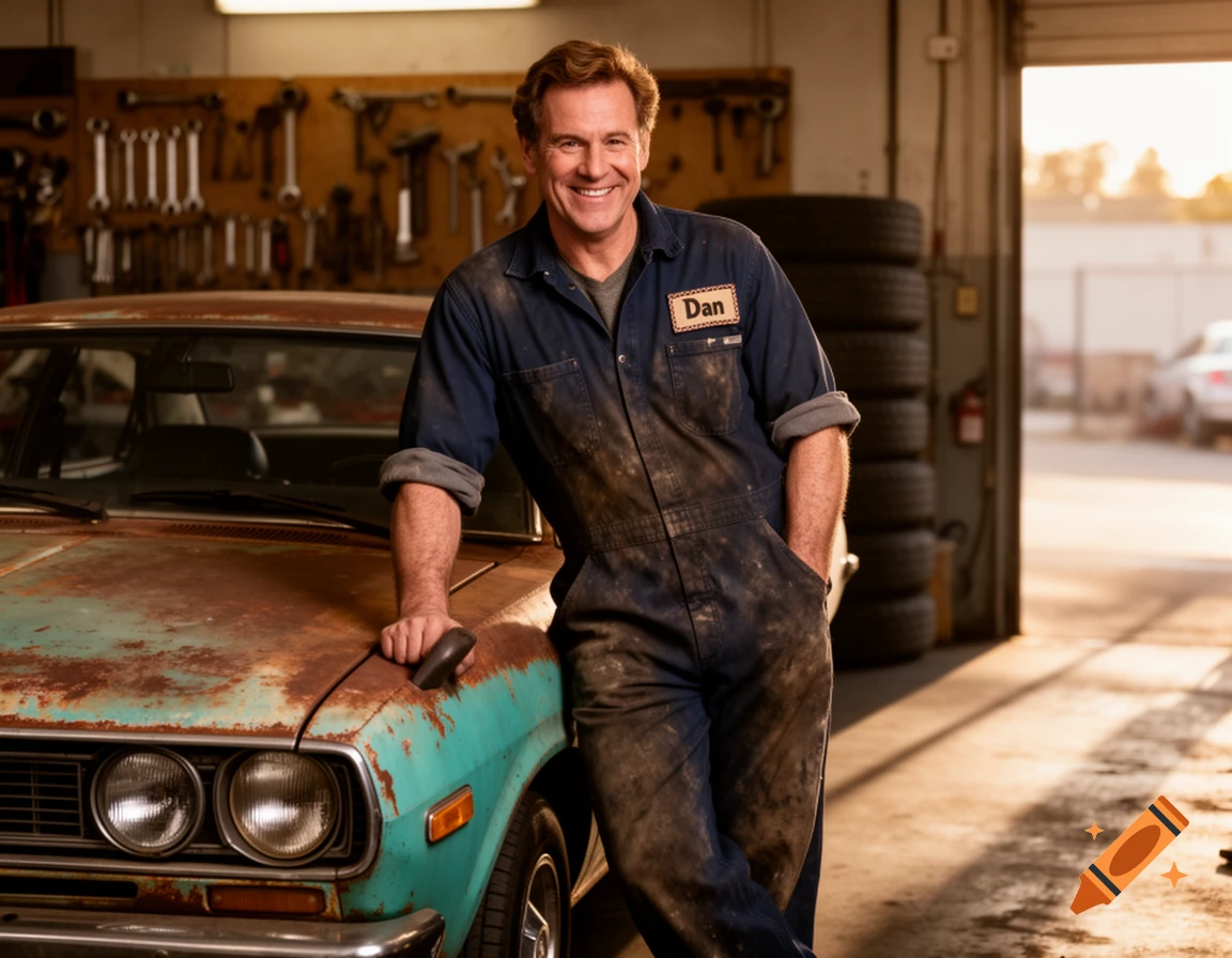 A smiling male car mechanic named Dan in a dirty blue jumpsuit leans on a rusty teal 1970s car in a sunlit garage.