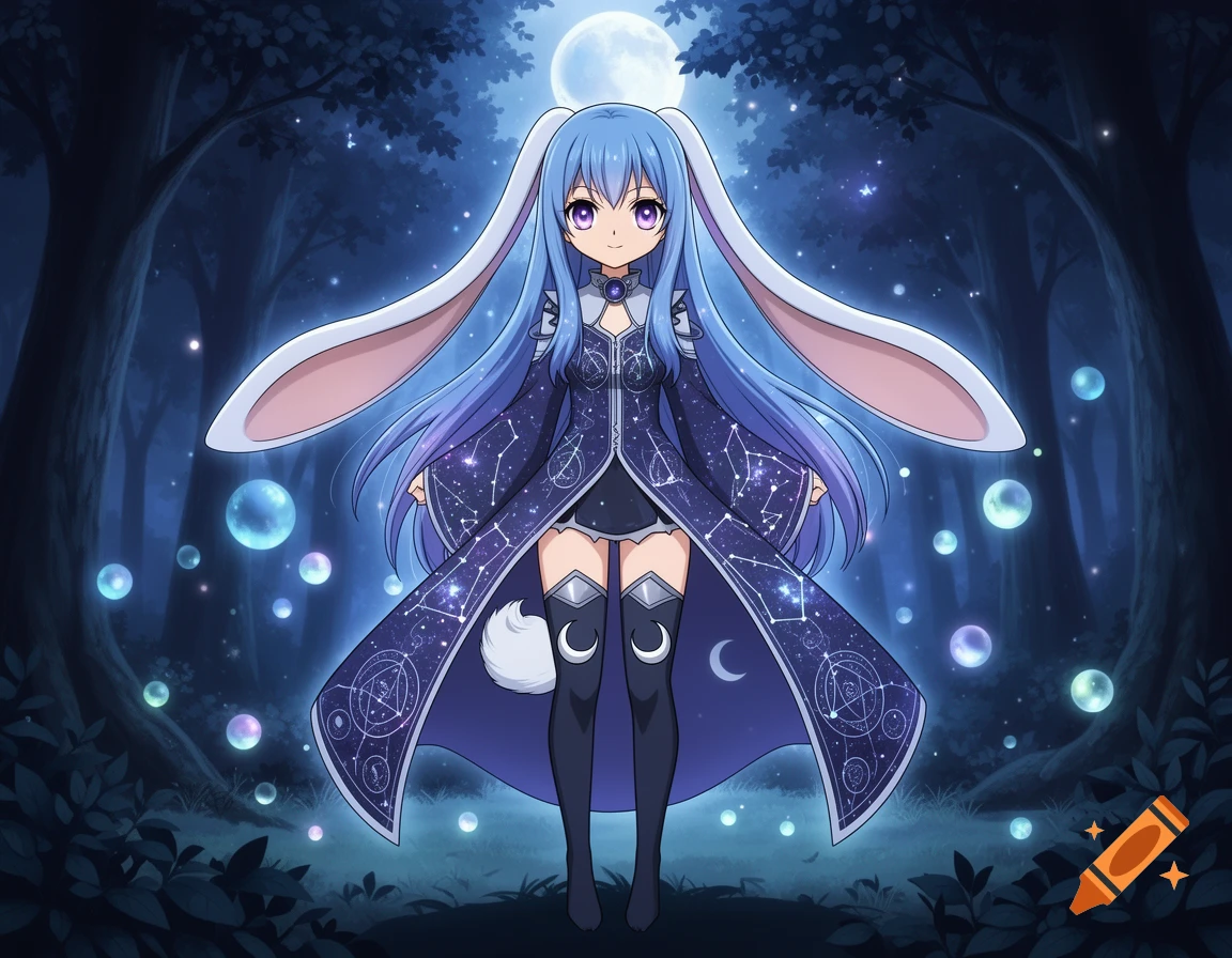 Anime character with long blue hair and bunny ears wearing a starry coat in a mystical forest under a full moon, surrounded by glowing bubbles.