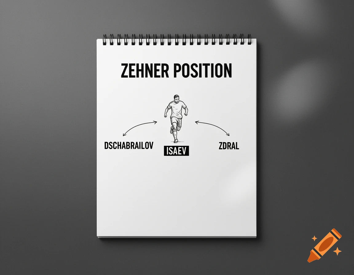A diagram on a notebook showing 'Zehner Position' with a running soccer player and names 'Isaev', 'Dschabrailov', 'Zdral'.