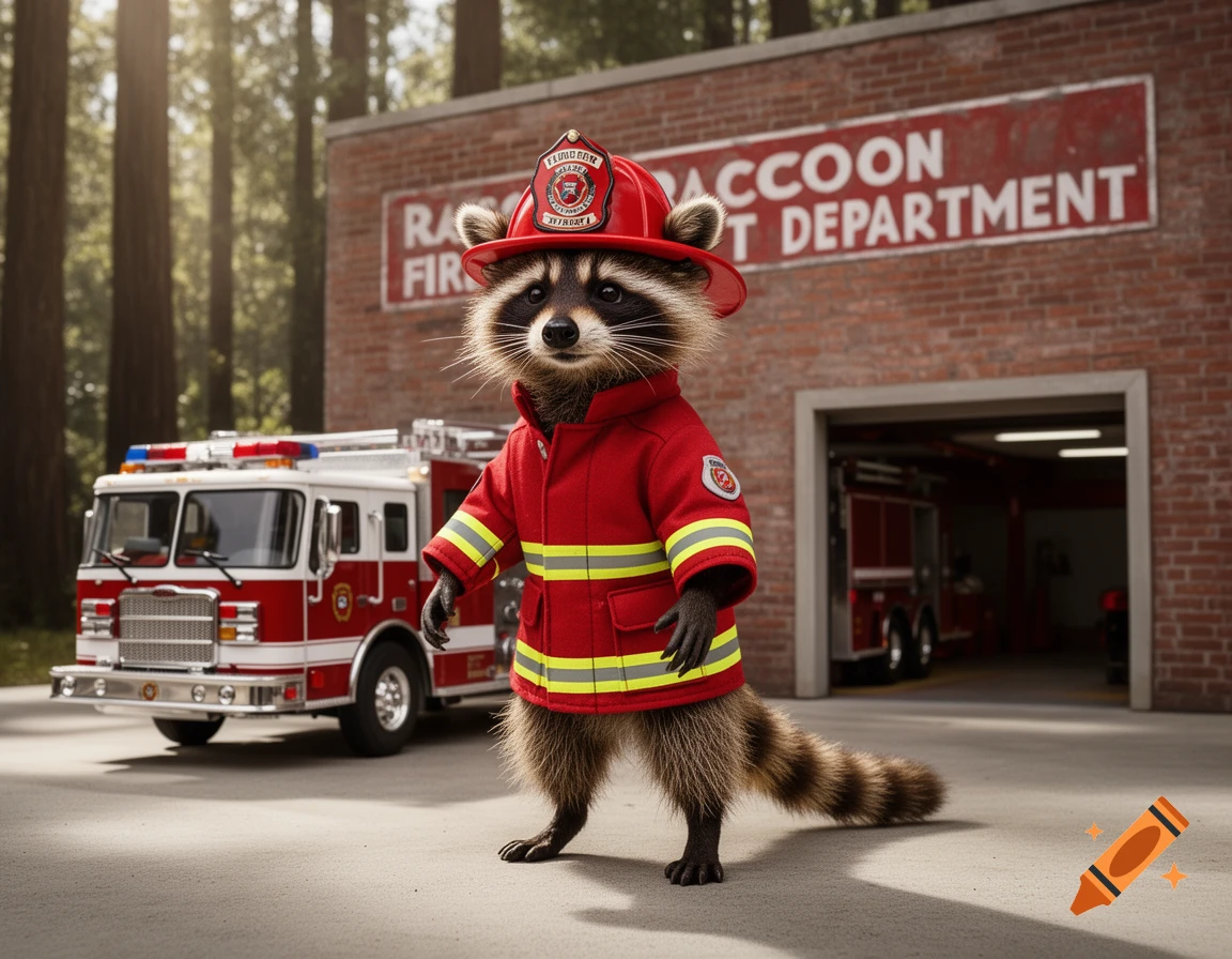 A anthropomorphic raccoon in a red firefighter suit and helmet stands in front of a brick fire station with a red fire truck, surrounded by tall trees. The station sign reads "RACCOON FIRE DEPARTMENT".