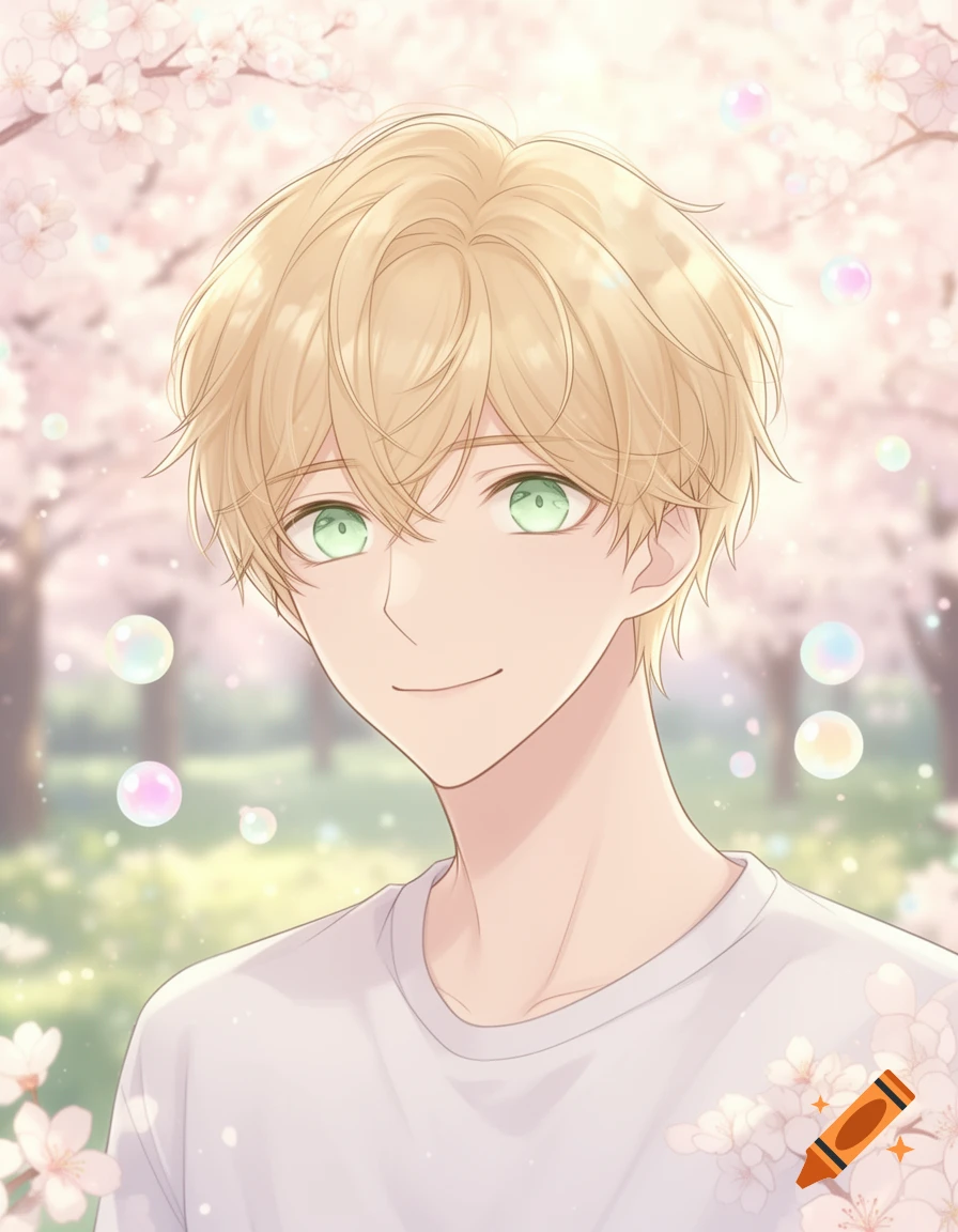 Anime portrait of a smiling young blonde man with green eyes, surrounded by cherry blossoms and bubbles.