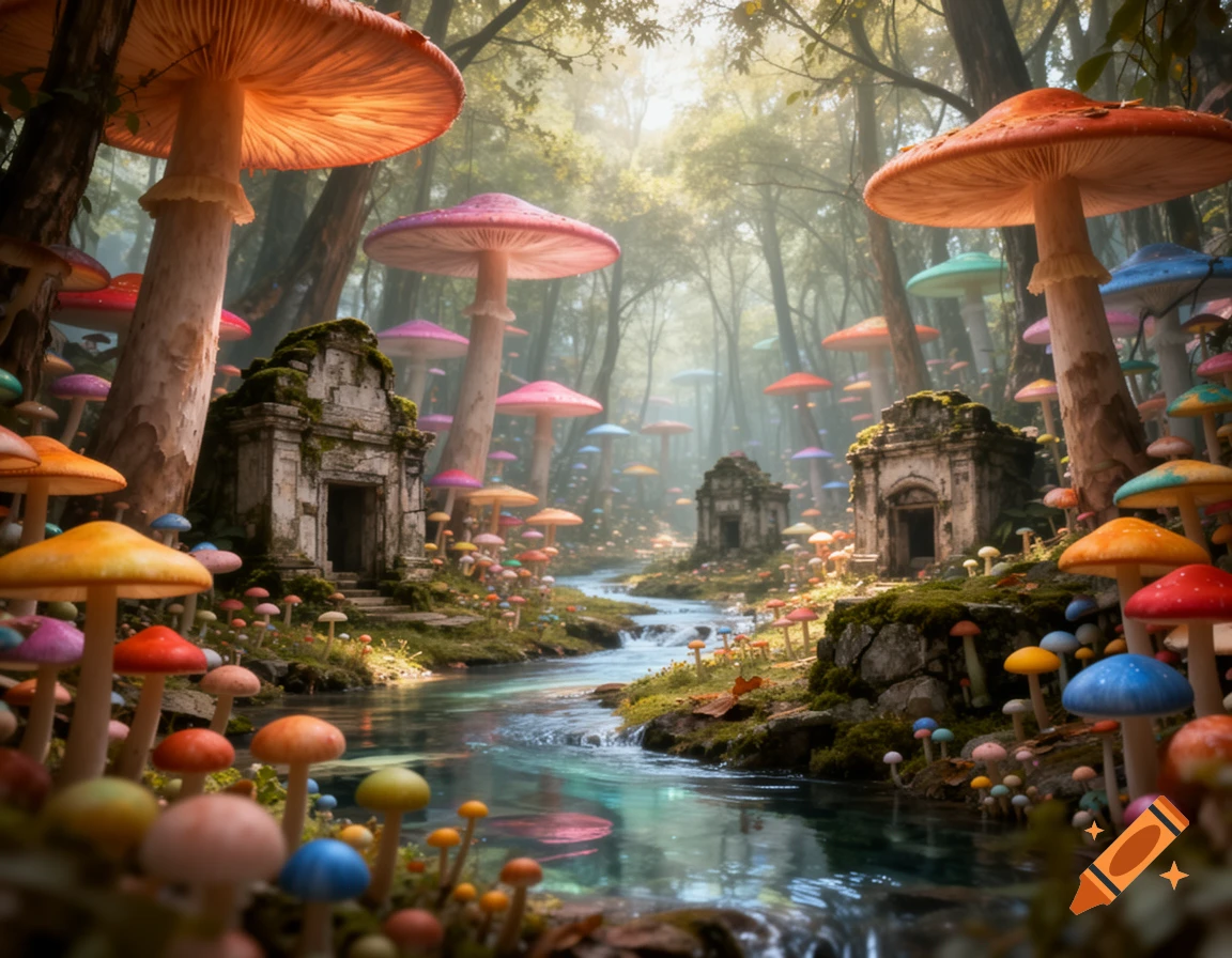 An ethereal, dreamlike forest with giant, colorful mushrooms, ancient moss-covered ruins, and a clear stream flowing through a dense, foggy canopy.