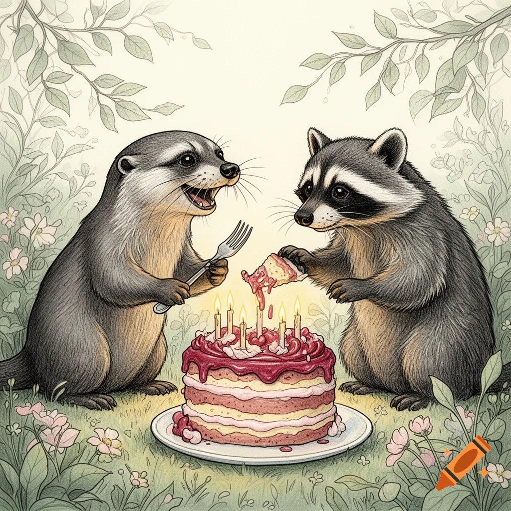 A trace drawing of an otter with a fork and a raccoon eating a slice of birthday cake in a leafy setting.