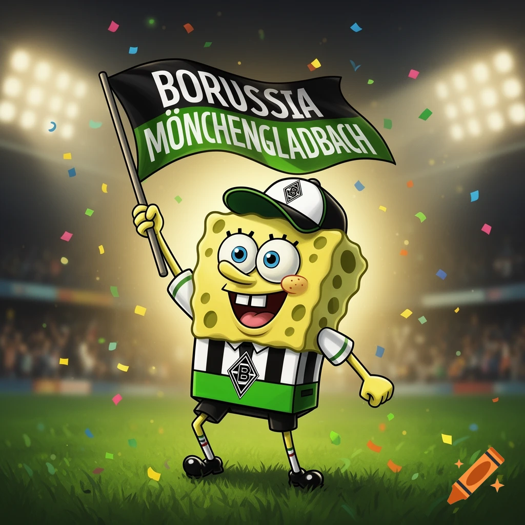Spongebob Squarepants in a soccer stadium, wearing a Borussia Mönchengladbach jersey and cap, happily holding a team flag.