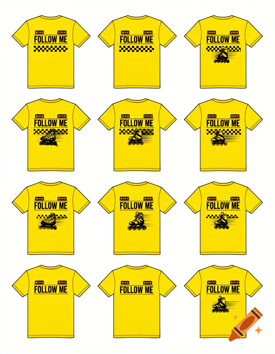 Twelve yellow t-shirt designs featuring black graphics, including 'FOLLOW ME' text, checkered patterns, speed lines, and inline skates, presented in a grid on a white background.