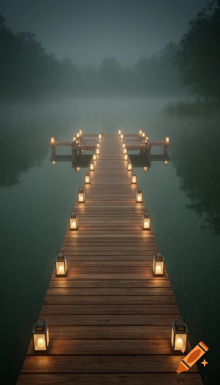 A wooden dock adorned with glowing lanterns extends into a misty lake during a light rain at night, surrounded by trees.
