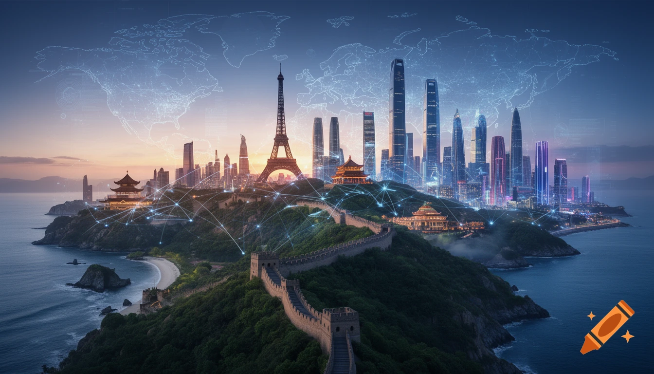 Eiffel Tower, Great Wall, skyscrapers, and temples blend on a coastal landscape with a digital world map overlay, symbolizing global connection.
