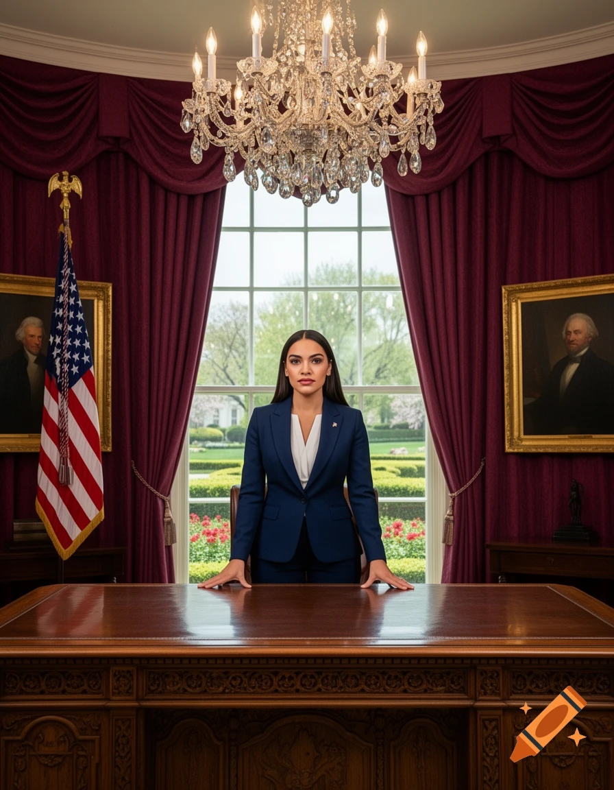 A photorealistic image of a woman in a blue suit standing behind a large wooden desk in an office resembling the Oval Office.