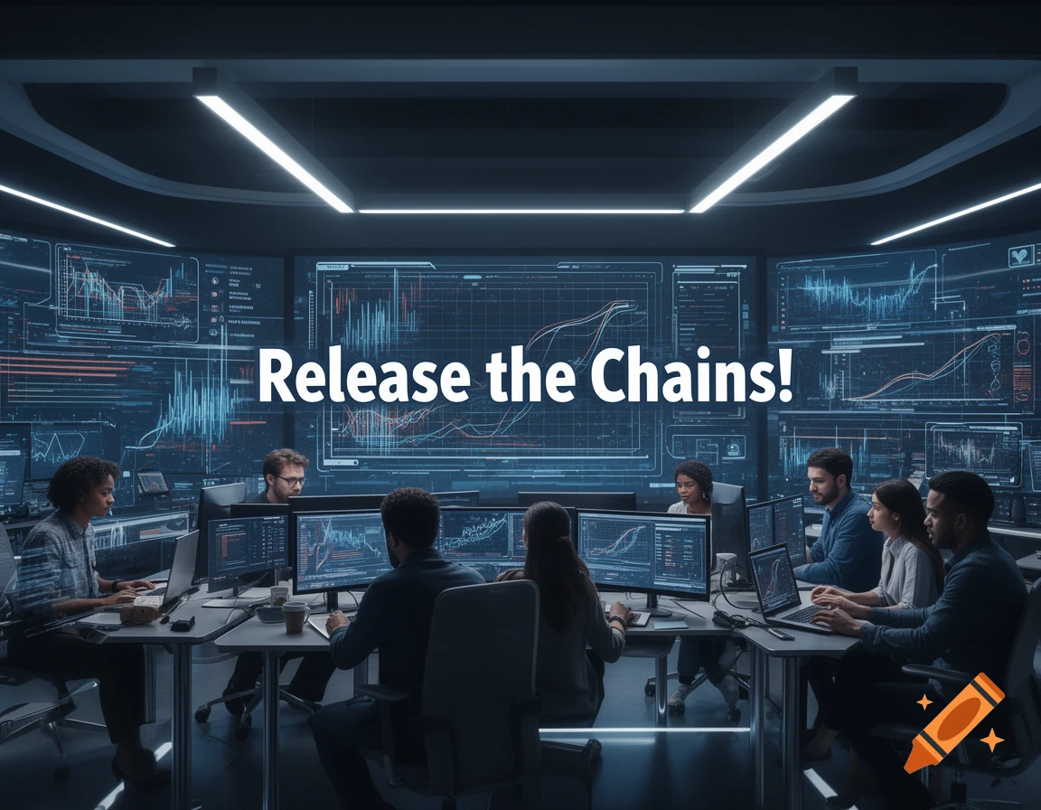 People work in a dark, high-tech control room surrounded by large screens showing data, with the text 'Release the Chains!' prominently displayed.