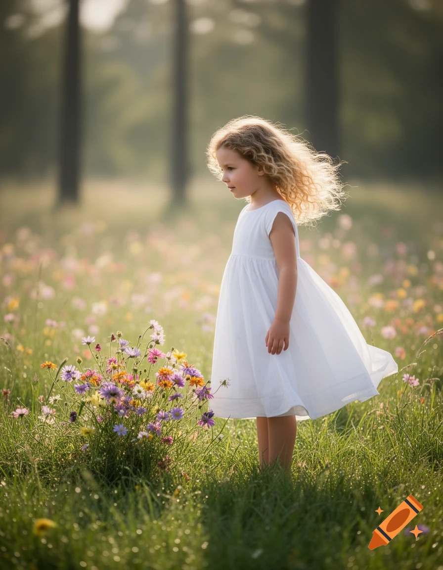 Young girl with curly blonde hair in a white dress stands in a sunny meadow filled with colorful wildflowers, looking at flowers. Photorealistic.