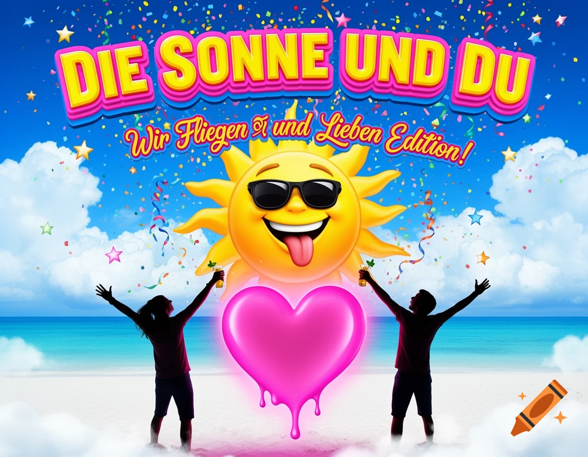 A vibrant cartoon image shows a smiling sun with sunglasses over a beach with two silhouetted people and a melting pink heart, surrounded by confetti.