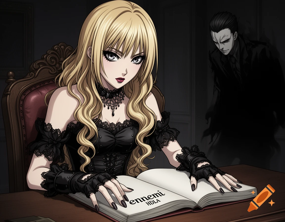 Anime depiction of a blonde woman in gothic attire writing in a book, with a shadowy man in the background.