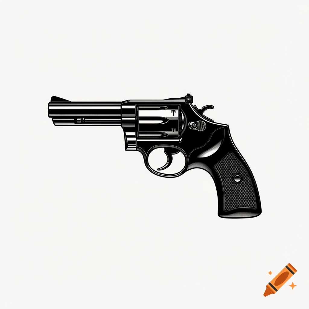 A black and white stylized illustration of a revolver on a plain background.