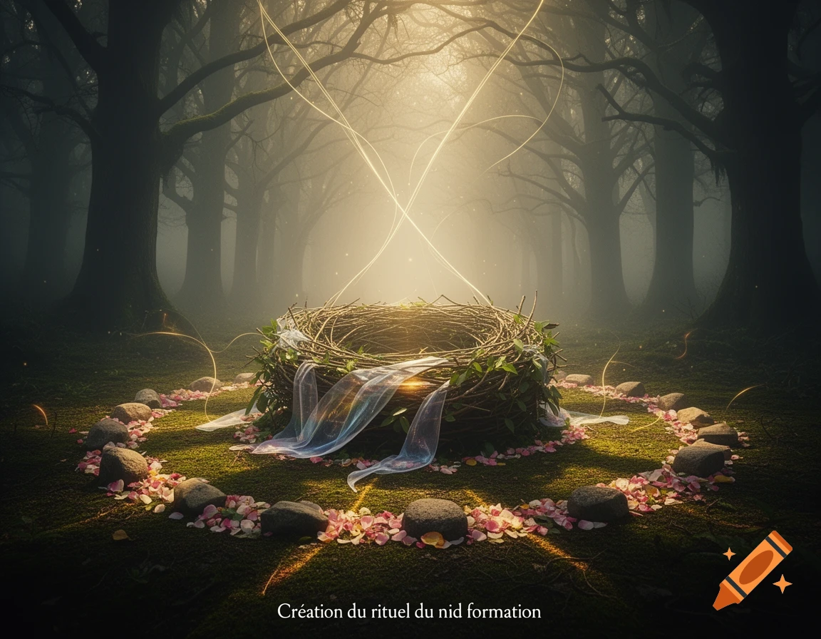 Ethereal light illuminates a large nest-like structure in a foggy, dark forest, encircled by stones and pink petals.