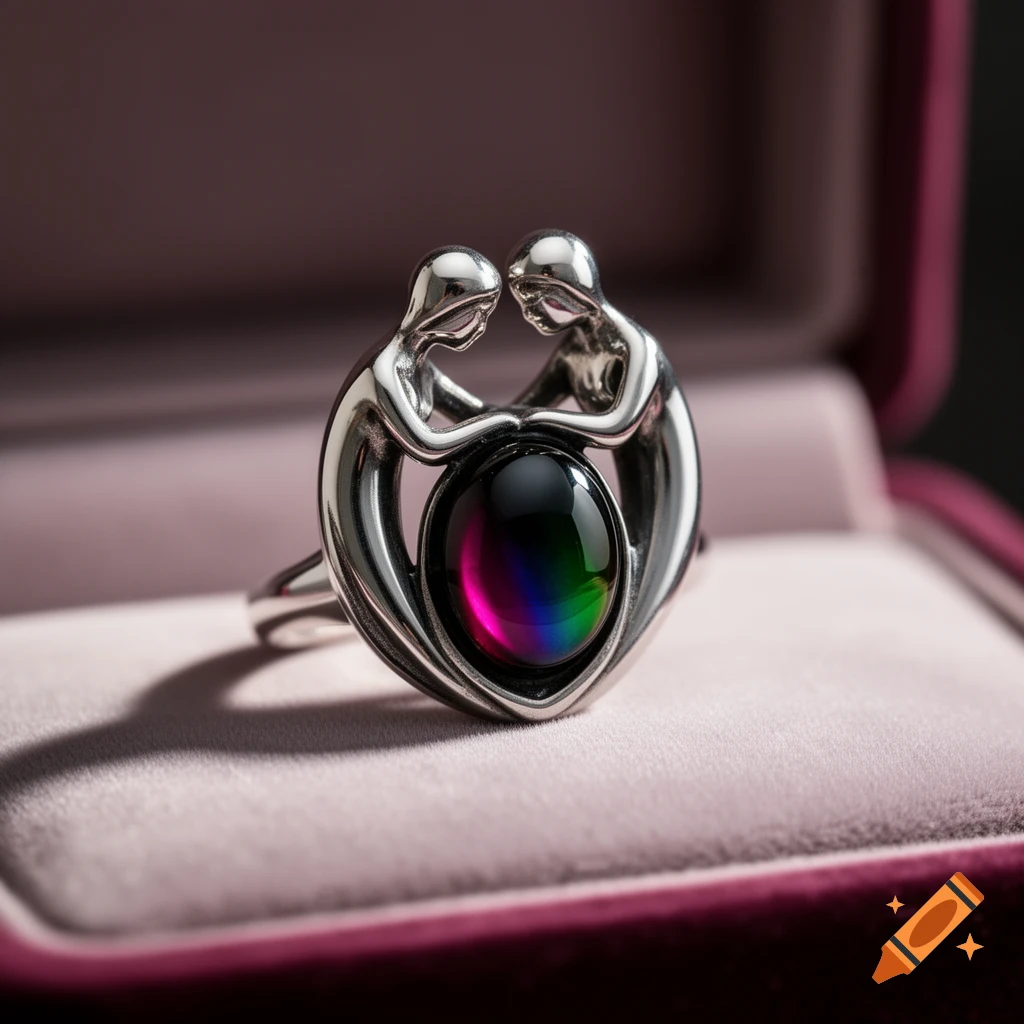A silver ring featuring two abstract figures embracing a vibrant rainbow-colored stone, resting in a velvet jewelry box.