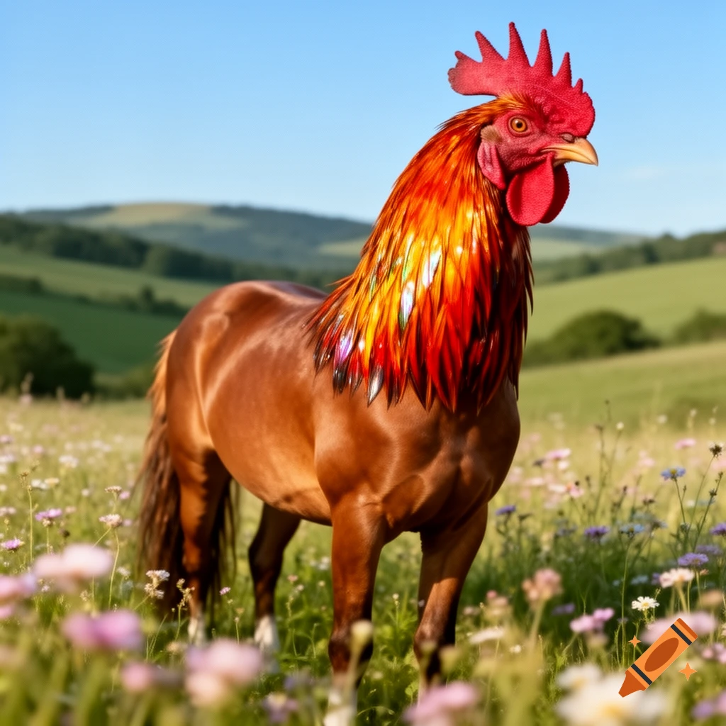 A creature with a brown horse body and a vibrant red and orange rooster head stands in a field of wildflowers.