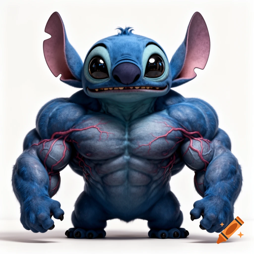 Hyper-realistic, muscular Stitch from Lilo & Stitch, with bulging blue muscles and prominent pink veins, standing against a white background.