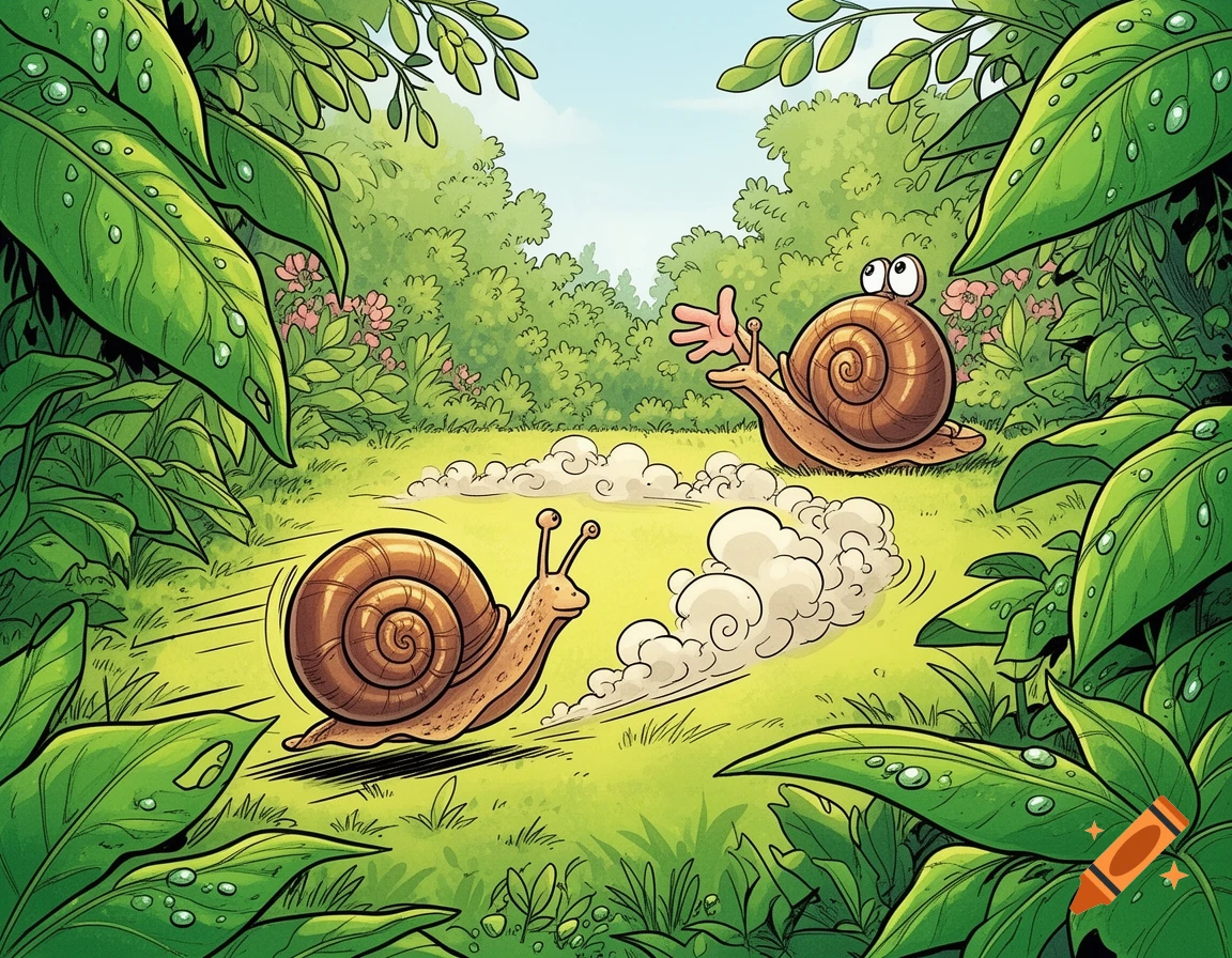 A cartoon snail races away in a cloud of dust while another snail watches in surprise, extending a hand-like appendage in a vibrant green garden.