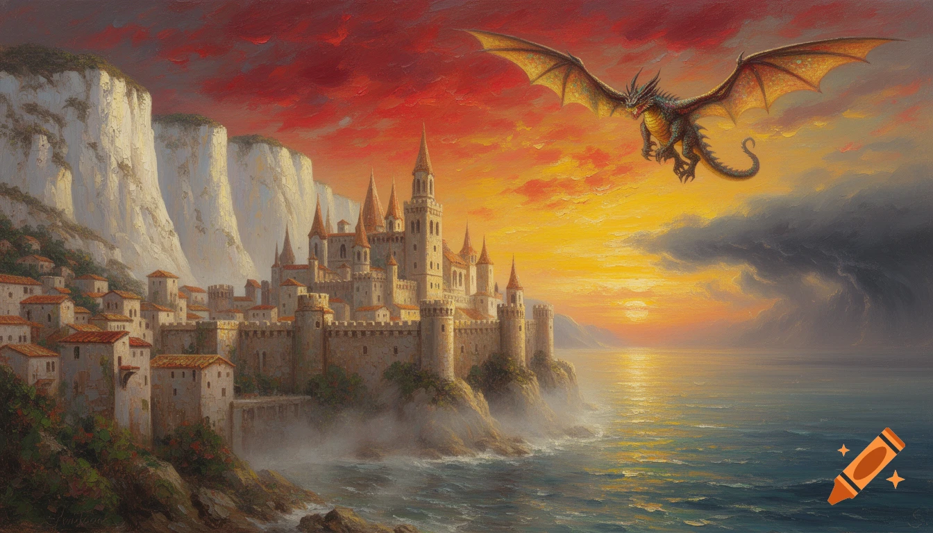 Oil painting of a fantasy medieval city and castle on white cliffs by the sea at sunset, with a dragon flying under a red-orange sky.
