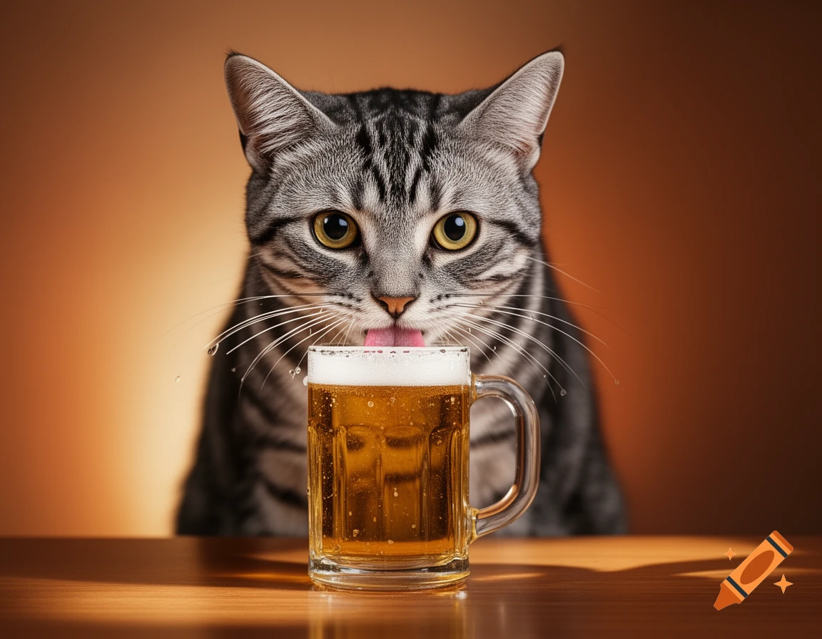 A photorealistic tabby cat with its tongue out, about to drink from a mug of foamy beer on a wooden table.