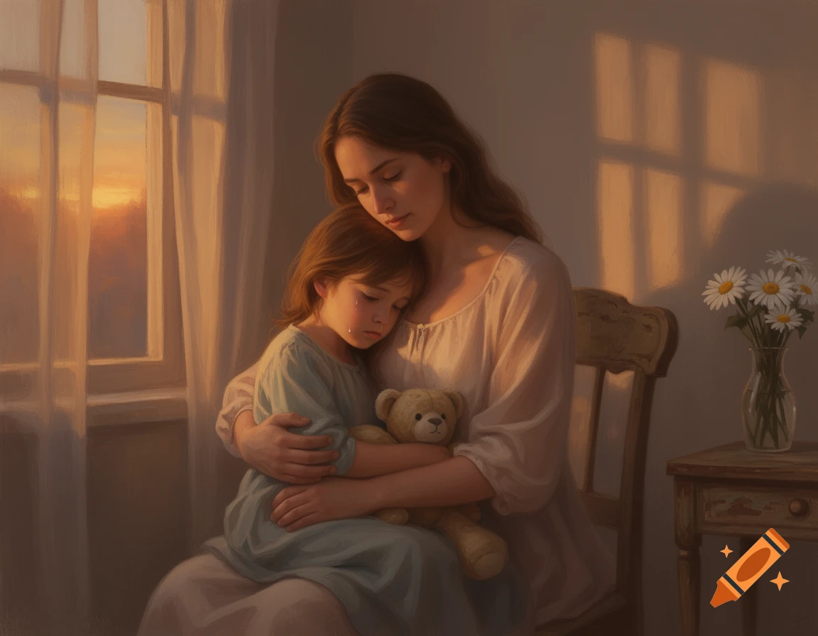 A mother embraces her crying child holding a teddy bear by a window at sunset, in a painterly style.
