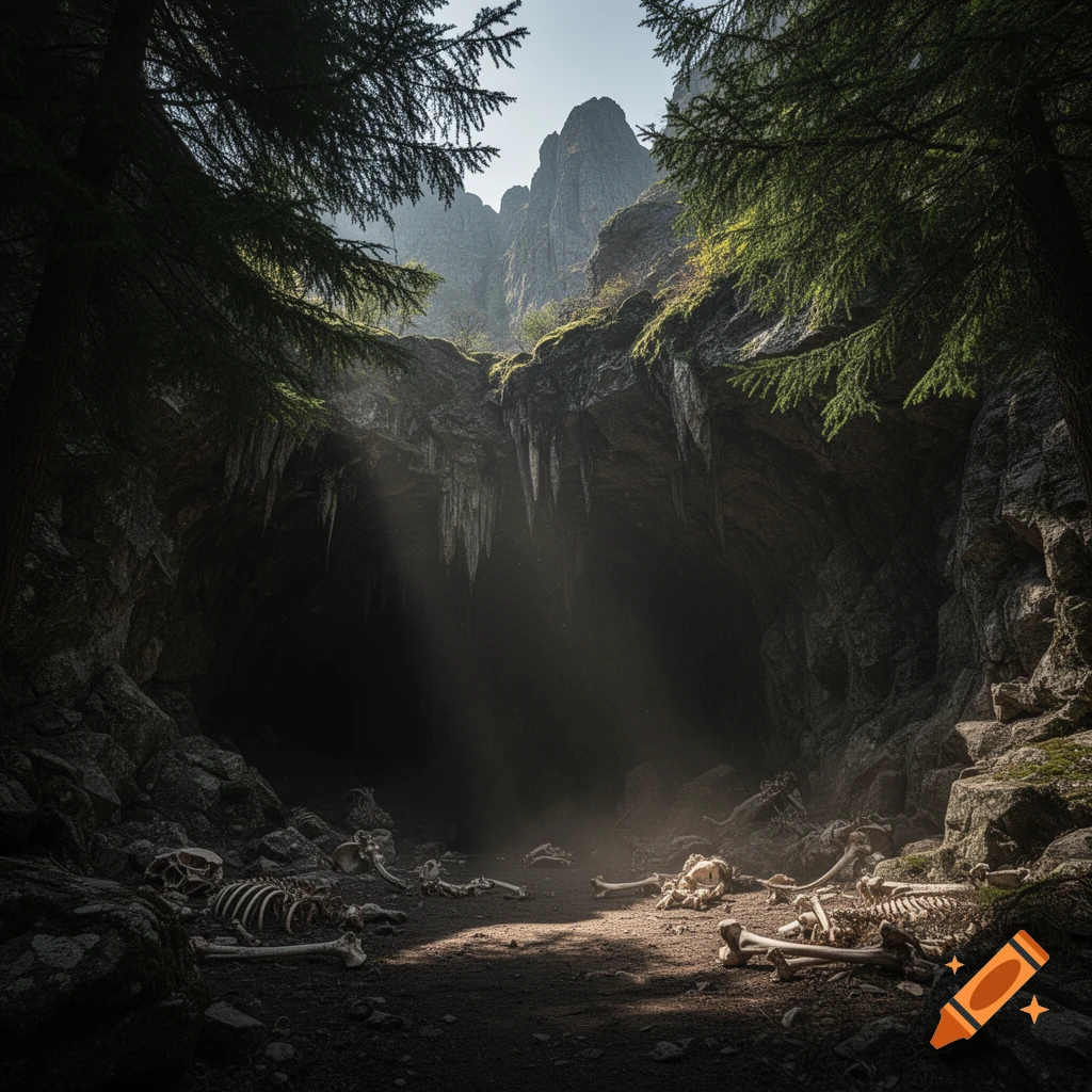 Photorealistic view of a dark cave entrance filled with skeletons, light rays pierce through the forest canopy above.