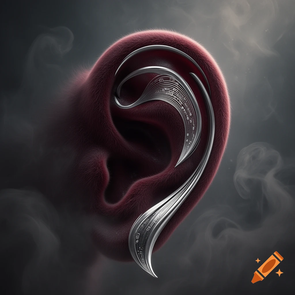 A stylized, furry red ear with intricate silver metallic designs resembling circuitry, set against a dark, smoky background.