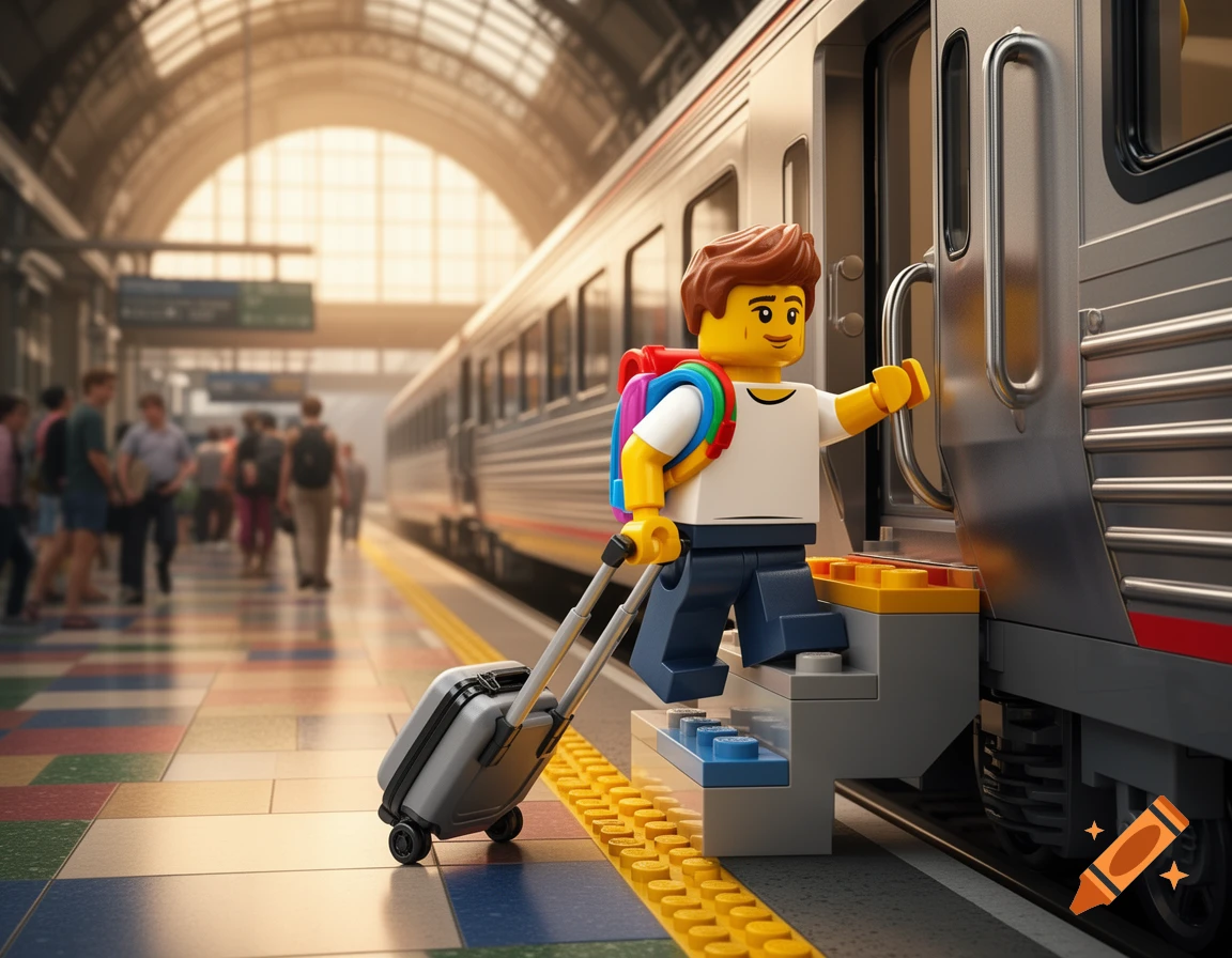 A Lego minifigure with a backpack and rolling suitcase steps onto a train at a bustling station.