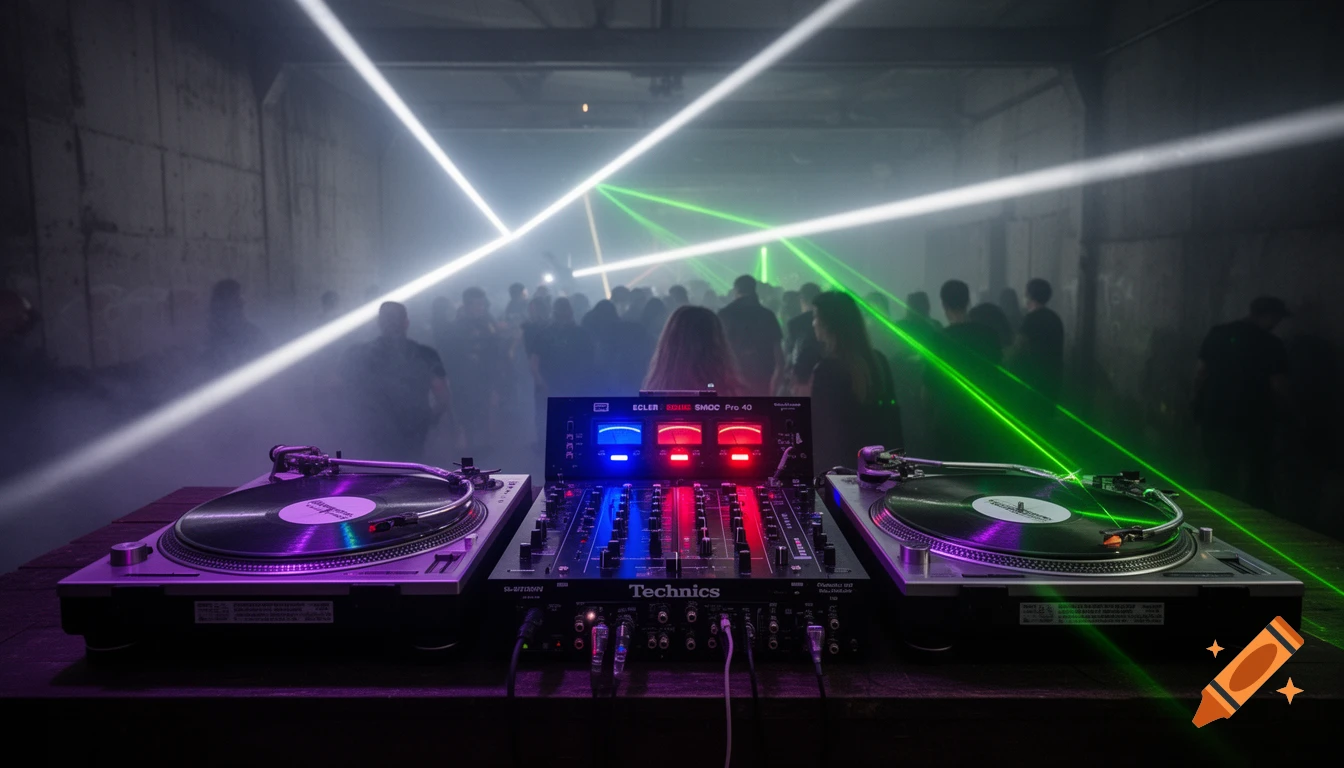 Photorealistic image of a DJ setup with two Technics turntables and an ECLER mixer glowing with blue and red lights in a smoky, laser-filled techno club.