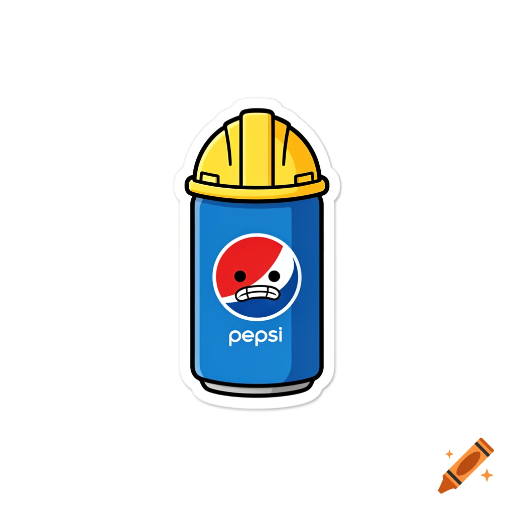A simple cartoon sticker of a blue Pepsi can character wearing a yellow hard hat and a frustrated expression.