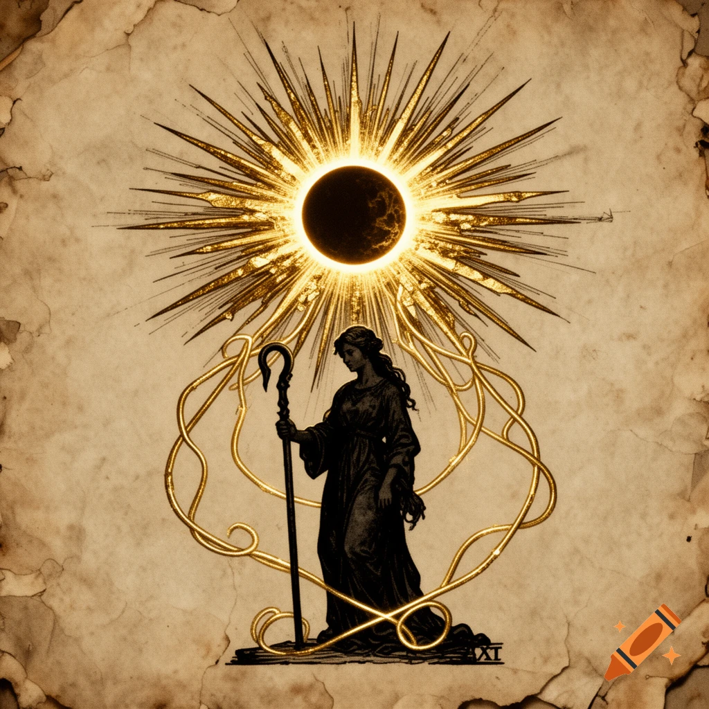 Dark fantasy woodcut of a shepherd woman's silhouette holding a staff under a blinding golden solar eclipse on aged parchment, with Roman numeral XI.
