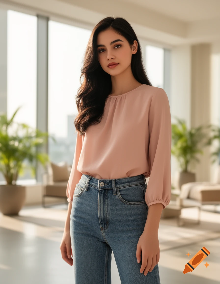 A young woman with long dark hair, wearing a pink blouse and blue jeans, stands in a bright, modern room with large windows.