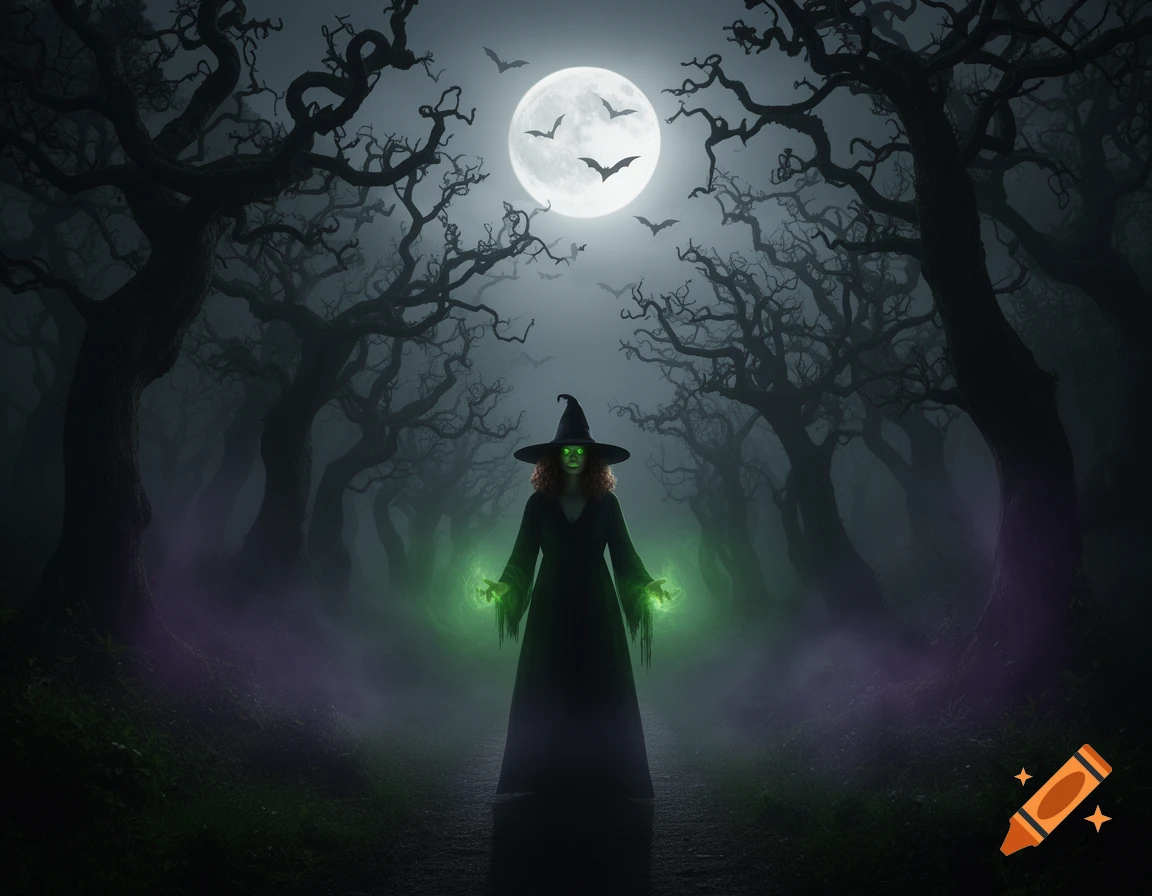 A witch with glowing green eyes and hands stands on a path in a dark, foggy forest under a full moon with bats flying. Purple and green mist swirls around gnarled trees.
