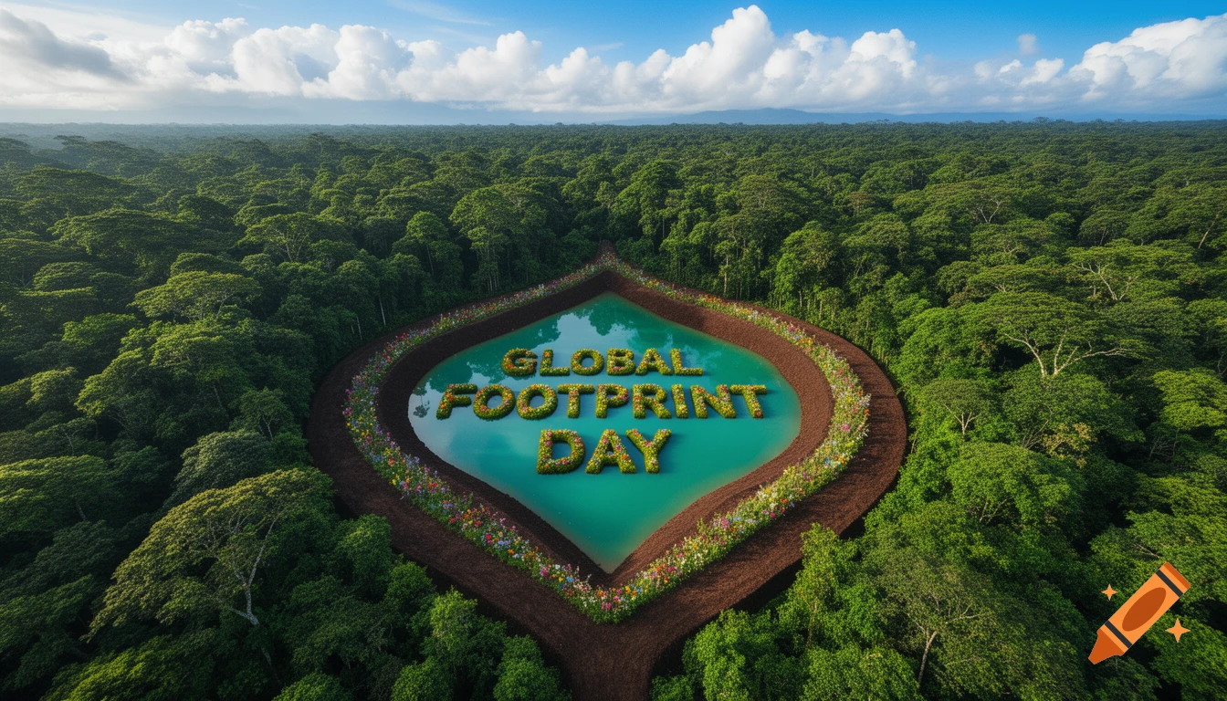 Aerial view of a lush forest with a leaf-shaped pond. 'GLOBAL FOOTPRINT DAY' is written on the water in moss and flowers.