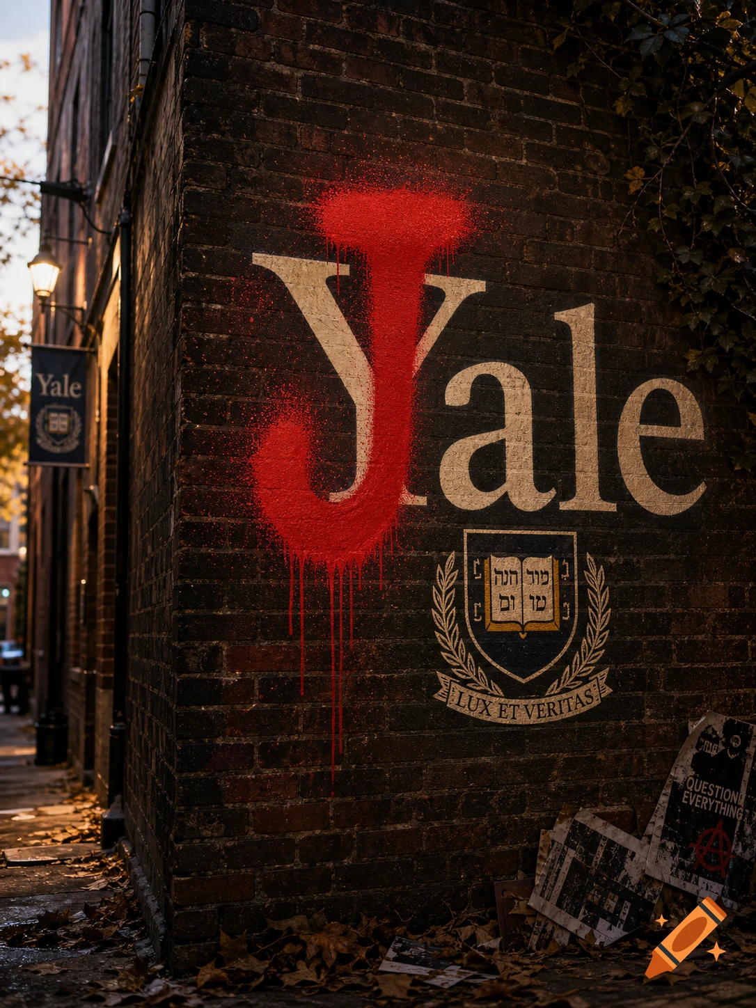 A red spray-painted 'J' over the 'Yale' logo on a brick wall, with fallen leaves in an alley.