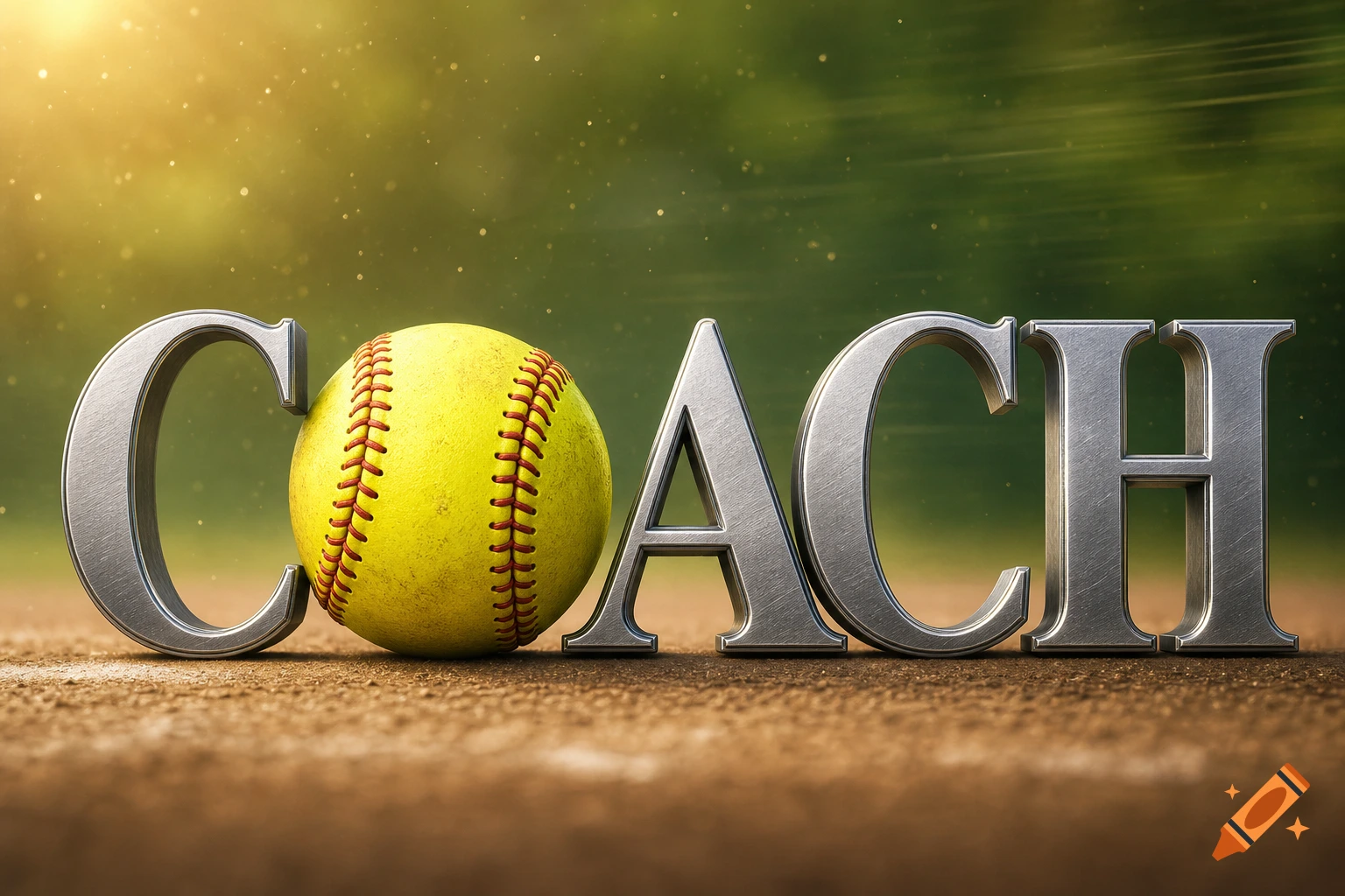 Metallic letters spelling COACH, with a yellow softball replacing the O, on a dirt field with a blurred green background.