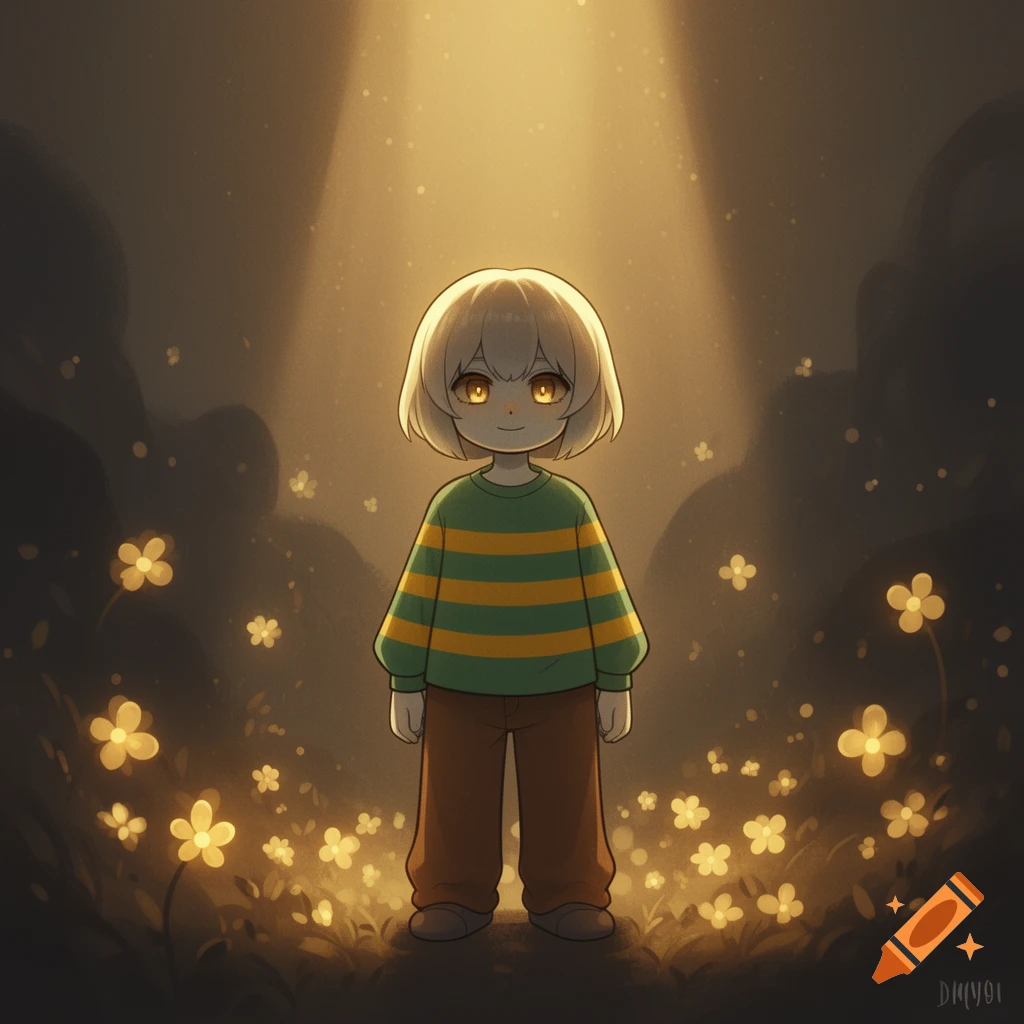 Anime illustration of Chara from Undertale, a child in a striped sweater, standing under a golden spotlight among glowing flowers.