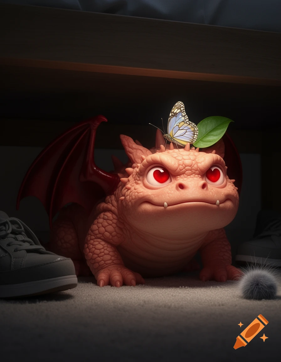A cute, peach-red dragon-like monster with heart-shaped red eyes and dark red wings sits under a bed, with a butterfly and a leaf on its head.