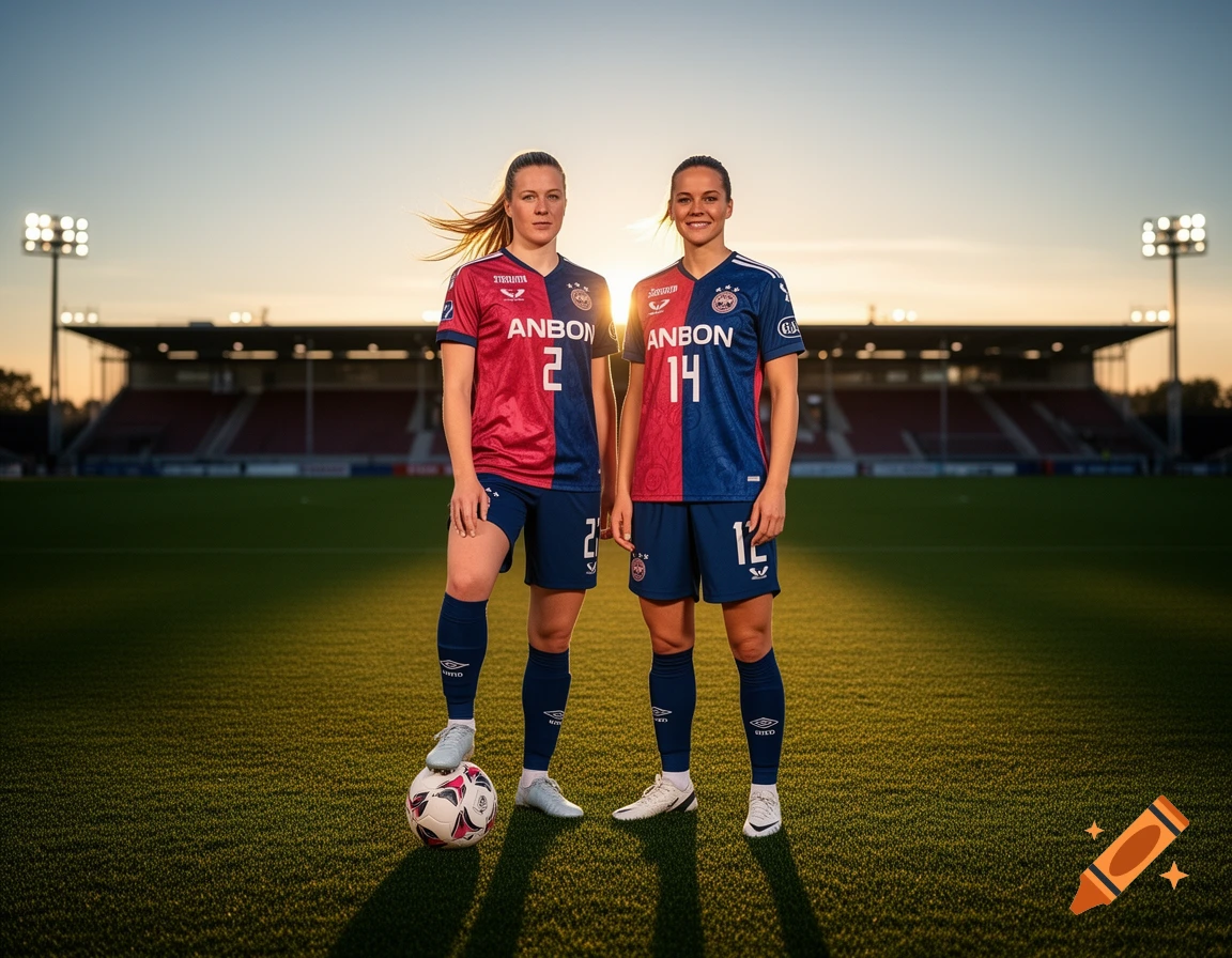 Two female soccer players in red and blue split-design jerseys stand on a green field at sunset, one with a foot on a soccer ball.