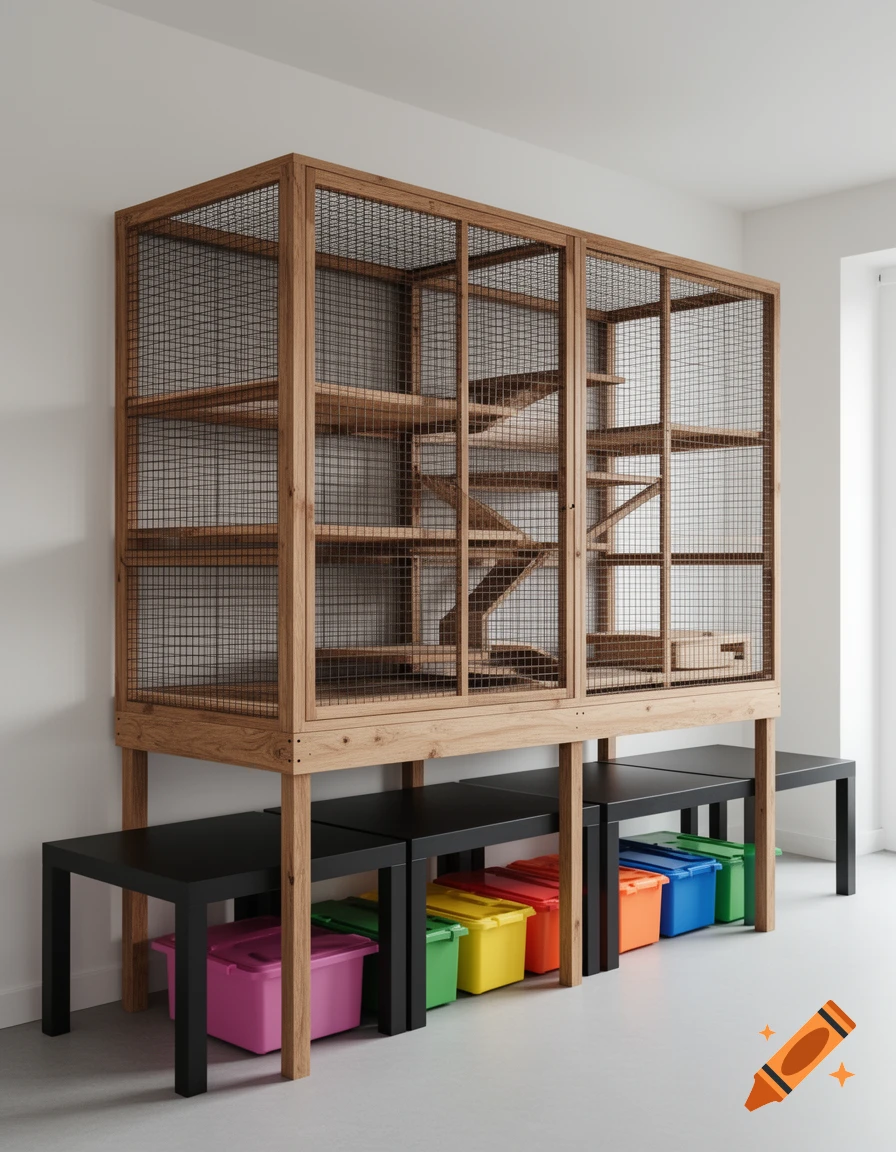 Photorealistic image of a large wooden and wire mesh chinchilla cage with platforms, set on black tables with colorful storage boxes.