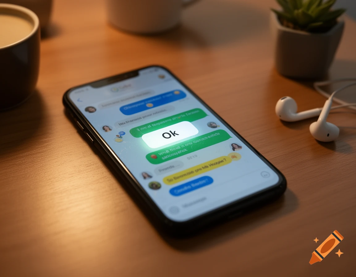 A smartphone displaying a message 'Ok' on a wooden desk with a coffee cup, a small plant, and white earphones. Photorealistic style.