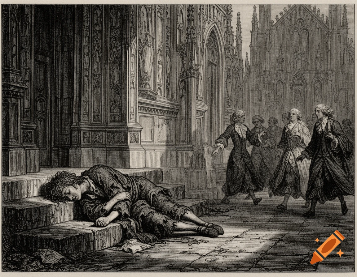 A young beggar sleeps on church steps while baroque-era people walk by, in a Victorian engraving style.