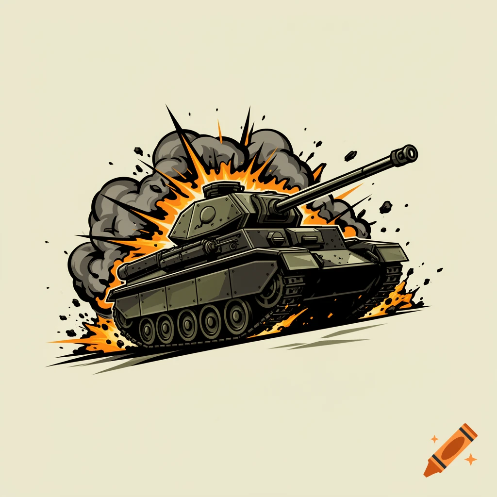 A cartoon army tank with a long barrel charging forward amid an orange and grey explosion.
