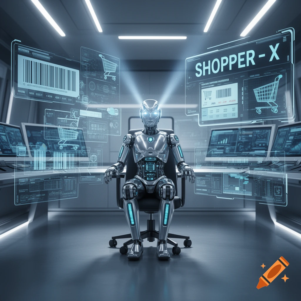 A silver robot sits in a chair surrounded by glowing holographic screens displaying shopping carts and data in a futuristic control room.