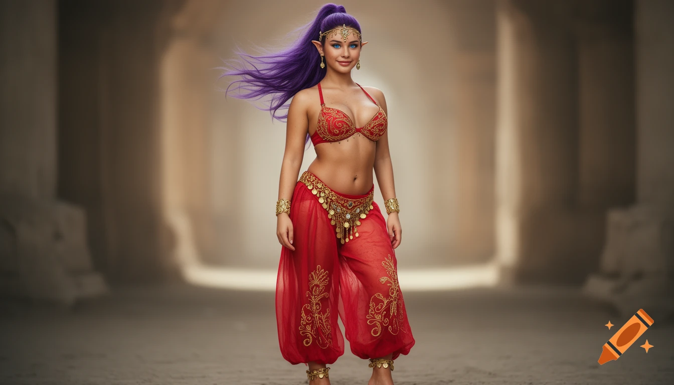Photorealistic portrait of a female half-genie with long purple hair, pointed ears, and a red and gold belly-dancer outfit.