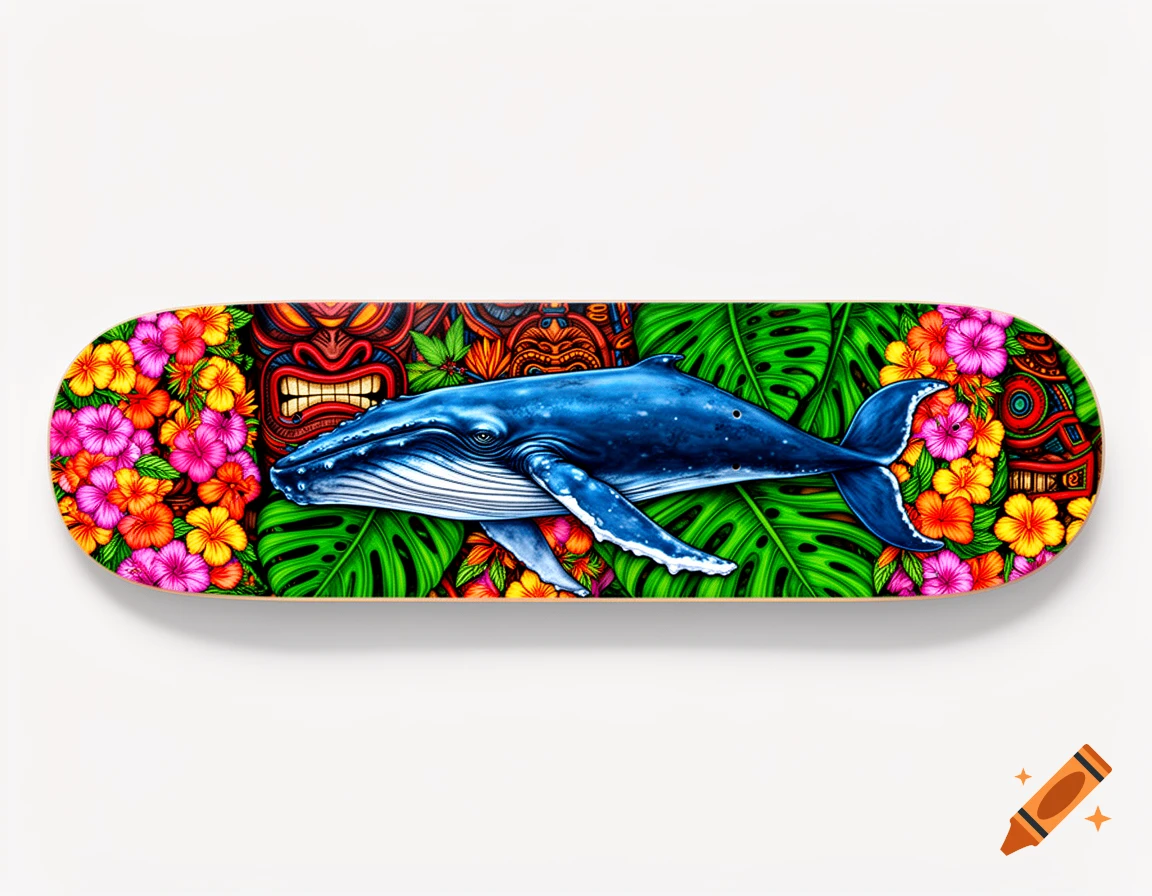 A blue whale on a skateboard design surrounded by colorful tropical flowers, green Monstera leaves, and tiki masks.
